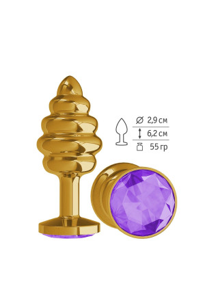 Золотистая пробка с рёбрышками и фиолетовым кристаллом - 7 см.